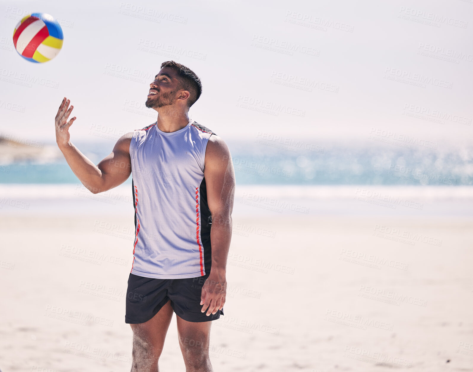 Buy stock photo Relax volleyball or happy man at beach with ball playing game, workout training or fitness in summer. Air, sports athlete smiling or player ready to start practice match or exercise at ocean alone