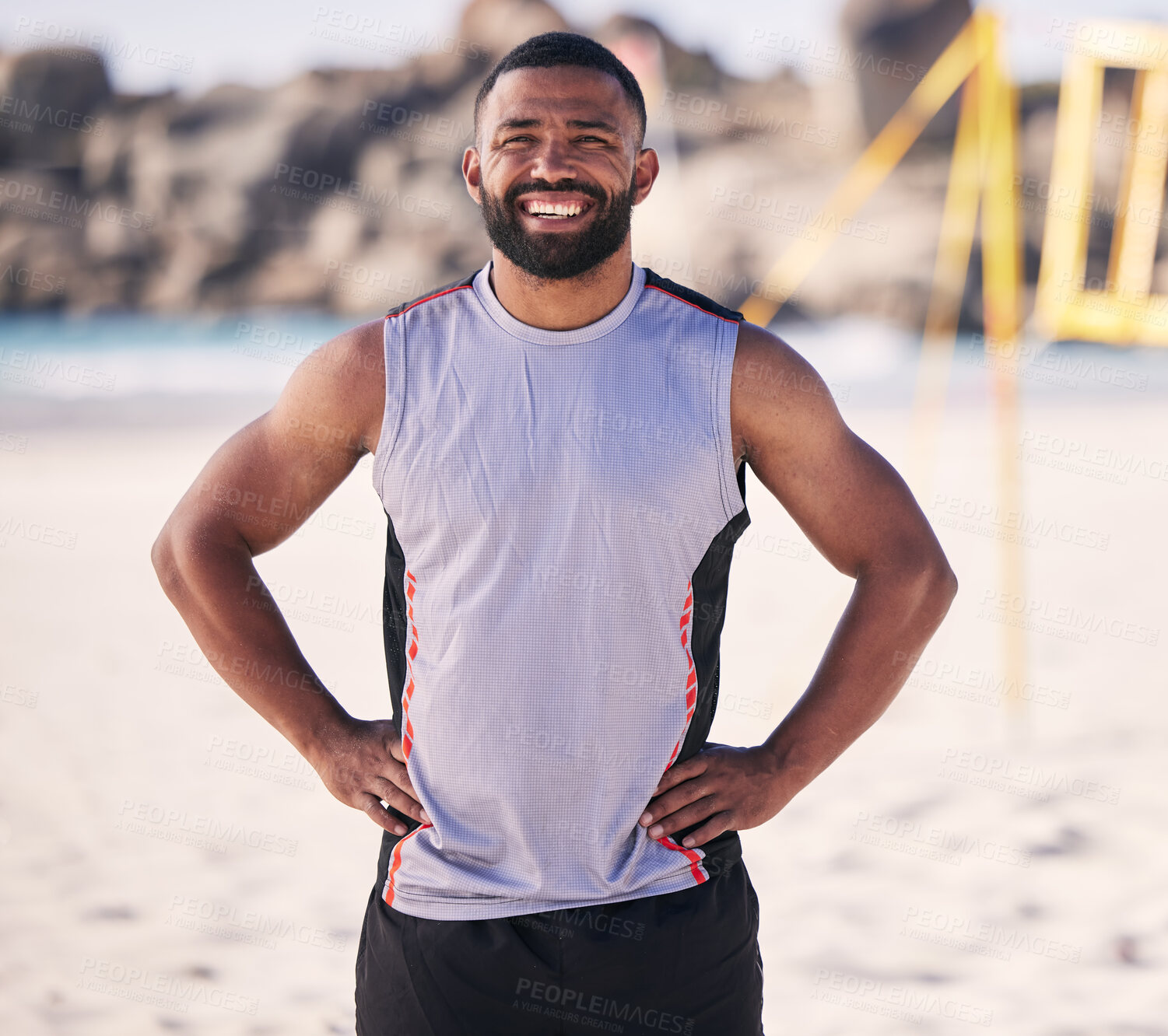 Buy stock photo Portrait, beach and man with confidence for volleyball for fitness or cardio with sports person. Happy, face and male athlete at ocean for fun in nature with outdoor game for challenge or cardio. 