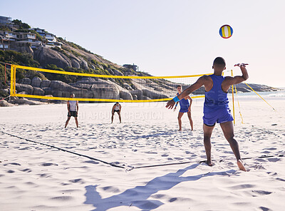 Buy stock photo Beach, volleyball and man serve on team with competition at ocean with exercise, sport and fitness. Summer, outdoor and training people play for health, holiday games and workout activity in nature