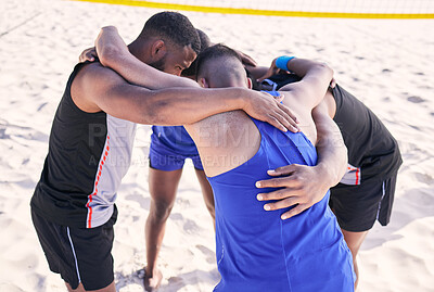 Buy stock photo Teamwork, beach or men in huddle with volleyball strategy for sports motivation, mission or support in summer. Fitness, match or group of athletes planning for goals, target or training game outdoors
