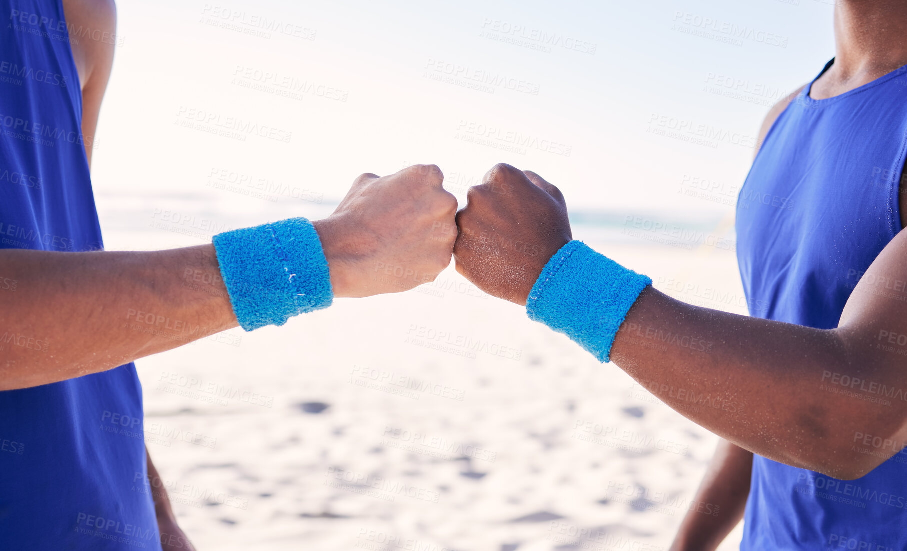 Buy stock photo Beach, hands or men fist bump for teamwork, partnership or unity in fitness or sports community together. Volleyball, friends or closeup of people with goals, support or motivation in collaboration