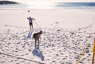 Buy stock photo Beach, serve or team playing volleyball for exercise, sports or fitness together in summer outdoors. Start, match performance or people in action motion, training game or workout activity in nature