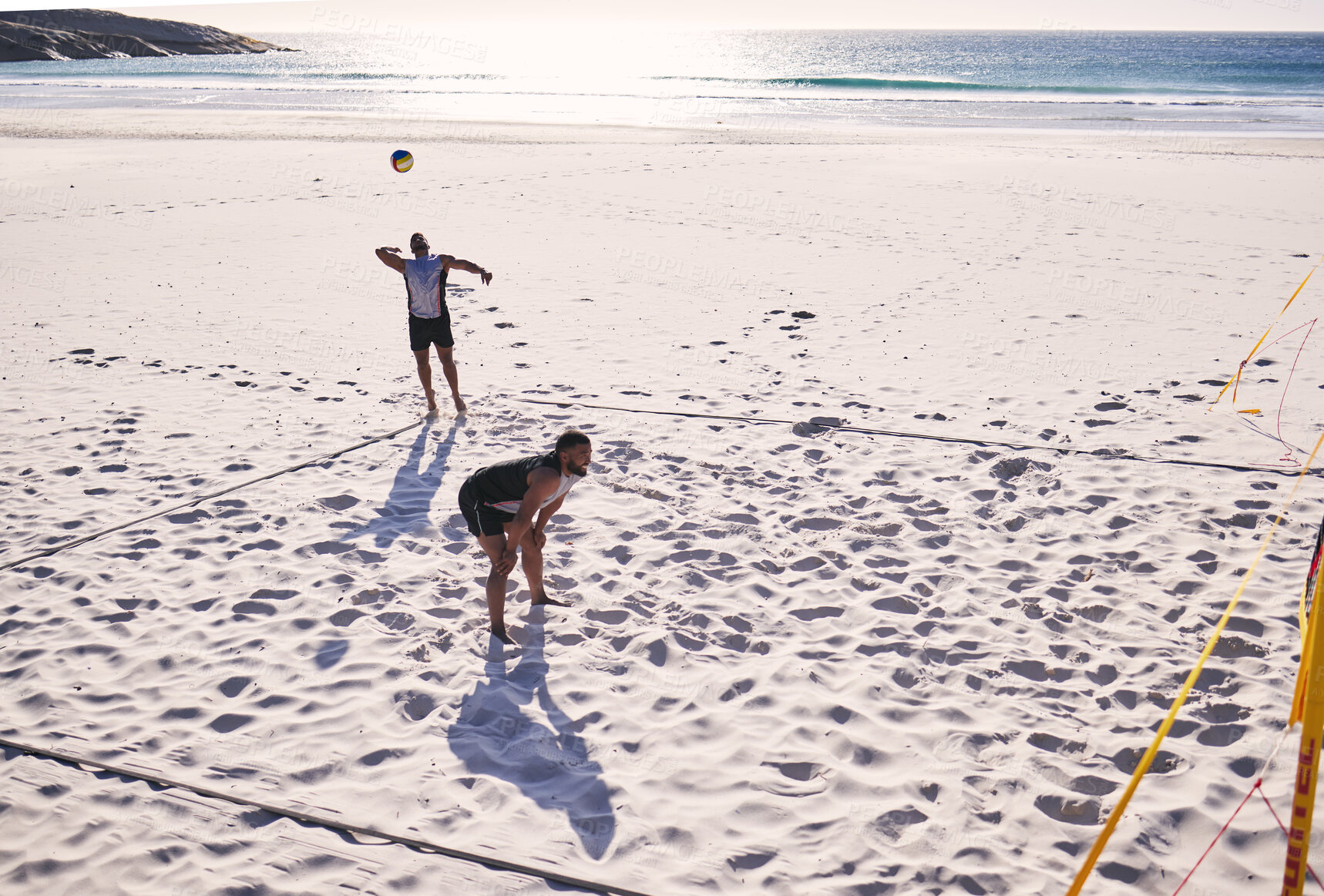 Buy stock photo Beach, serve or team playing volleyball for exercise, sports or fitness together in summer outdoors. Start, match performance or people in action motion, training game or workout activity in nature