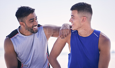 Buy stock photo Volleyball, beach or sports men laughing in a game, training or fitness workout together in summer outdoors. Team solidarity, funny athletes or happy friends hugging on match break to relax in Brazil