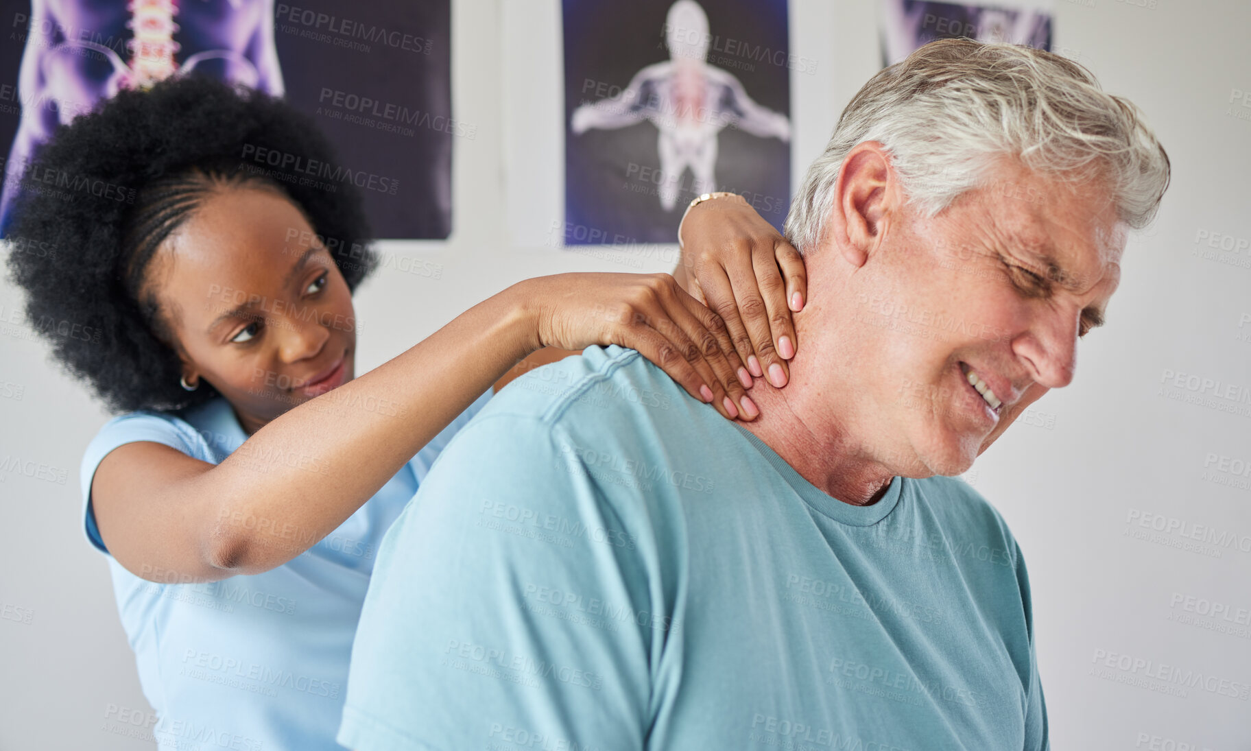 Buy stock photo Healthcare, neck pain and a black woman chiropractor with a patient in her office for rehabilitation treatment. Medical, injury and a senior man with a female medicine professional for physiotherapy