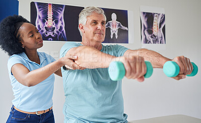 Buy stock photo Dumbbells, senior man and physiotherapy with black woman for help at clinic for workout or with training. Patient, physical therapy and help with nurse or equipment in nursing home or rehabilitation.