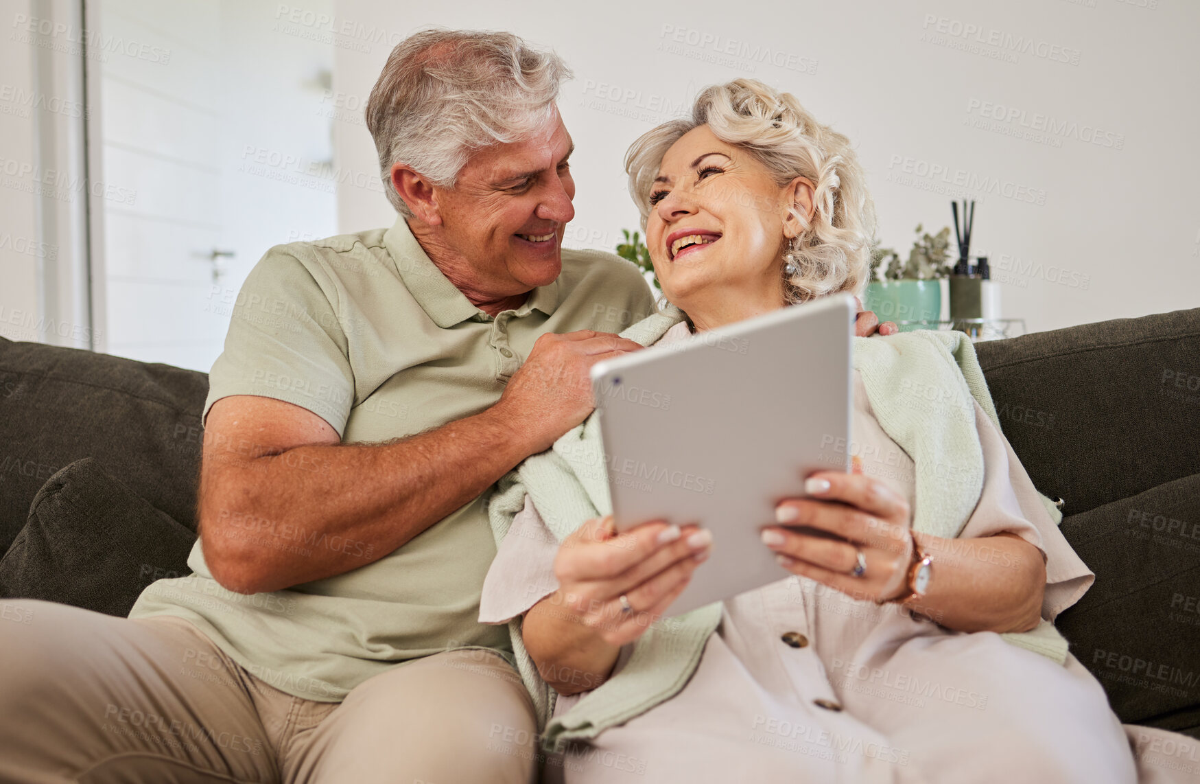 Buy stock photo Happy senior couple, tablet and sofa to download news app, reading social media post and ebook. Elderly man, woman and digital technology to scroll website, internet and online shopping in retirement