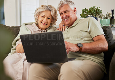 Buy stock photo Senior man, woman or laptop on sofa to download movies, reading social media post and online shopping. Happy elderly couple scroll website, internet blog or news subscription on computer tech at home