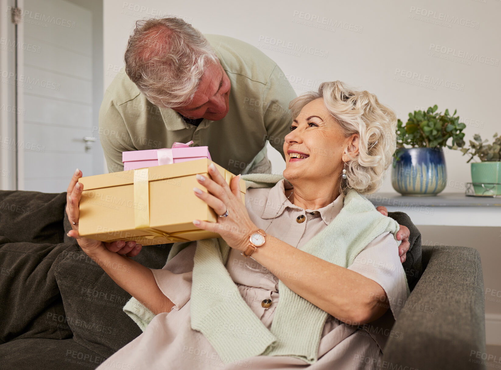 Buy stock photo Gift, surprise and a senior couple on a birthday for celebration in their home living room together. Love, present and anniversary with a husband giving his wife a box while sitting on a sofa