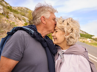 Buy stock photo Senior couple, fitness and run with kiss, forehead and nature for love, wellness or outdoor exercise. Elderly man, woman and romantic with bonding, happy training and workout for health in retirement