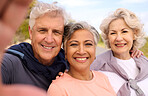 Senior runner friends, outdoor selfie and smile for fitness, portrait and diversity for social media. Elderly man, women and photography for memory, blog or profile picture for exercise in retirement