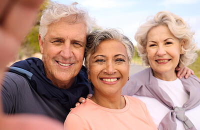 Buy stock photo Senior runner friends, outdoor selfie and smile for fitness, portrait and diversity for social media. Elderly man, women and photography for memory, blog or profile picture for exercise in retirement