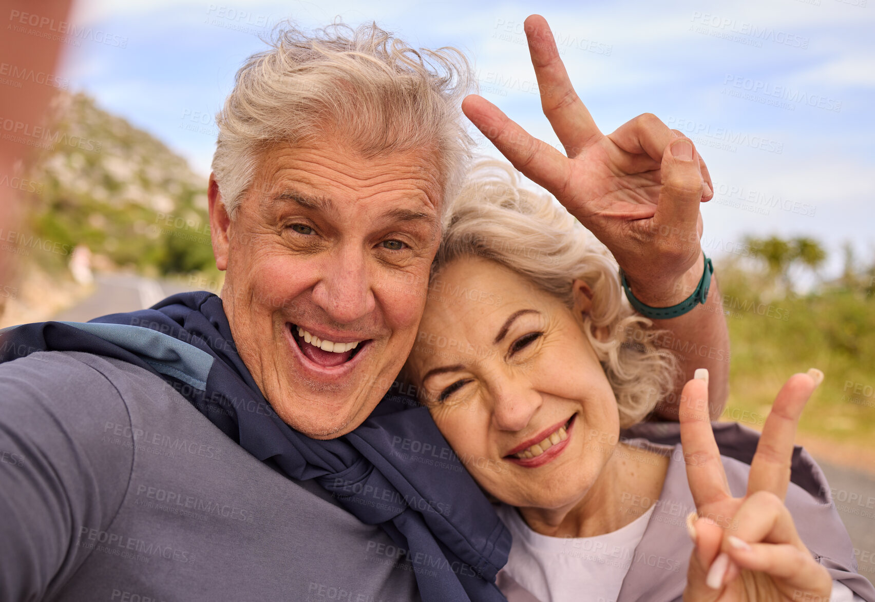 Buy stock photo Senior couple, fitness and selfie with peace sign for smile, outdoor and nature for portrait together. Elderly man, woman and hand for emoji, health and love for profile picture, training and workout