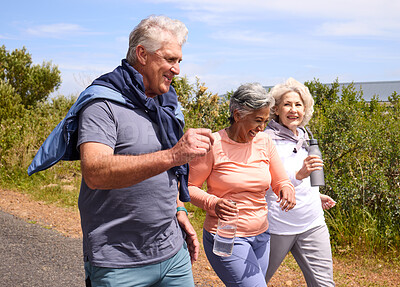 Buy stock photo Senior friends, running and nature on street, fitness and happy for training, diversity and wellness in summer. Man, women and outdoor for workout, exercise or conversation with energy in countryside