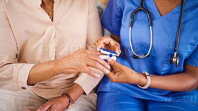 Buy stock photo Oximeter, hands and senior people with nurse for clinic, hospital or healthcare service and support. Blood oxygen test, pulse monitor and elderly patient finger with medical person or doctor helping