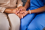 Hands, medical or support with a nurse and patient in a living room for love, trust or care during treatment. Healthcare, empathy and a black woman medicine professional comforting a clinic resident