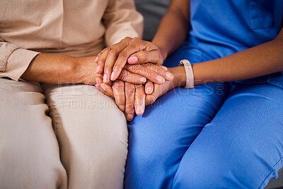 Buy stock photo Hands, medical or support with a nurse and patient in a living room for love, trust or care during treatment. Healthcare, empathy and a black woman medicine professional comforting a clinic resident