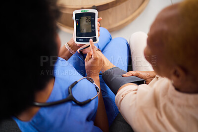 Buy stock photo Doctor, machine or patient in test for blood pressure in a hospital for medical or healthcare exam. Monitor, screen or closeup of hands caregiver or woman with digital equipment for chronic disease 