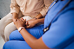 Hands, medical or empathy with a nurse and patient in a living room for love, trust or care during treatment. Healthcare, support and a black woman medicine professional comforting a clinic resident