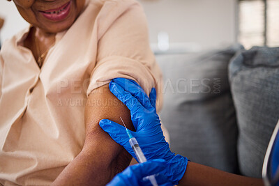 Buy stock photo Hands, nurse and syringe for arm vaccine, medical and healthcare treatment for virus safety, flu and home wellness. Patient, doctor and woman with injection needle for medicine, covid and vitamin