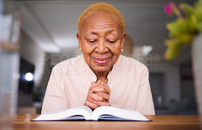 Buy stock photo Home, prayer and old woman reading a bible, calm and peace with happiness, holy worship and support. Scripture, elderly female person and senior lady with faith, spiritual and hope in Christianity