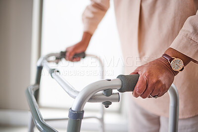 Buy stock photo Hands, walker and person with disability, health and help with physical therapy and recovery. Arthritis, osteoporosis and fibromyalgia with support, physiotherapy and healthcare with rehabilitation