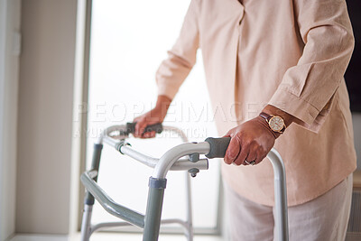 Buy stock photo Hands, walker and person with disability, arthritis and help with physical therapy and health. Recovery, osteoporosis and fibromyalgia with support, physiotherapy and healthcare with rehabilitation