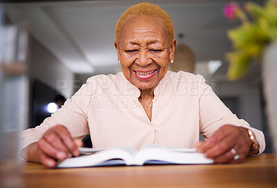 Buy stock photo Hope, prayer and old woman reading a bible, faith and peace with religion, holy worship and support. Scripture, elderly female person or senior lady with believe, home and spiritual with Christianity