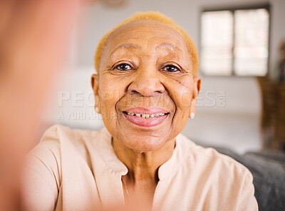 Buy stock photo Senior woman, portrait and face for selfie, photograph or social media at old age home. Happy elderly female person smile for photo, memory or social media in retirement on living room sofa in house