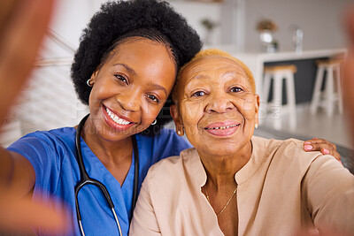 Buy stock photo Black people, nurse and hug in elderly care for selfie, love or support and trust together at home. Portrait of happy African medical caregiver with senior female person smile for photo in the house