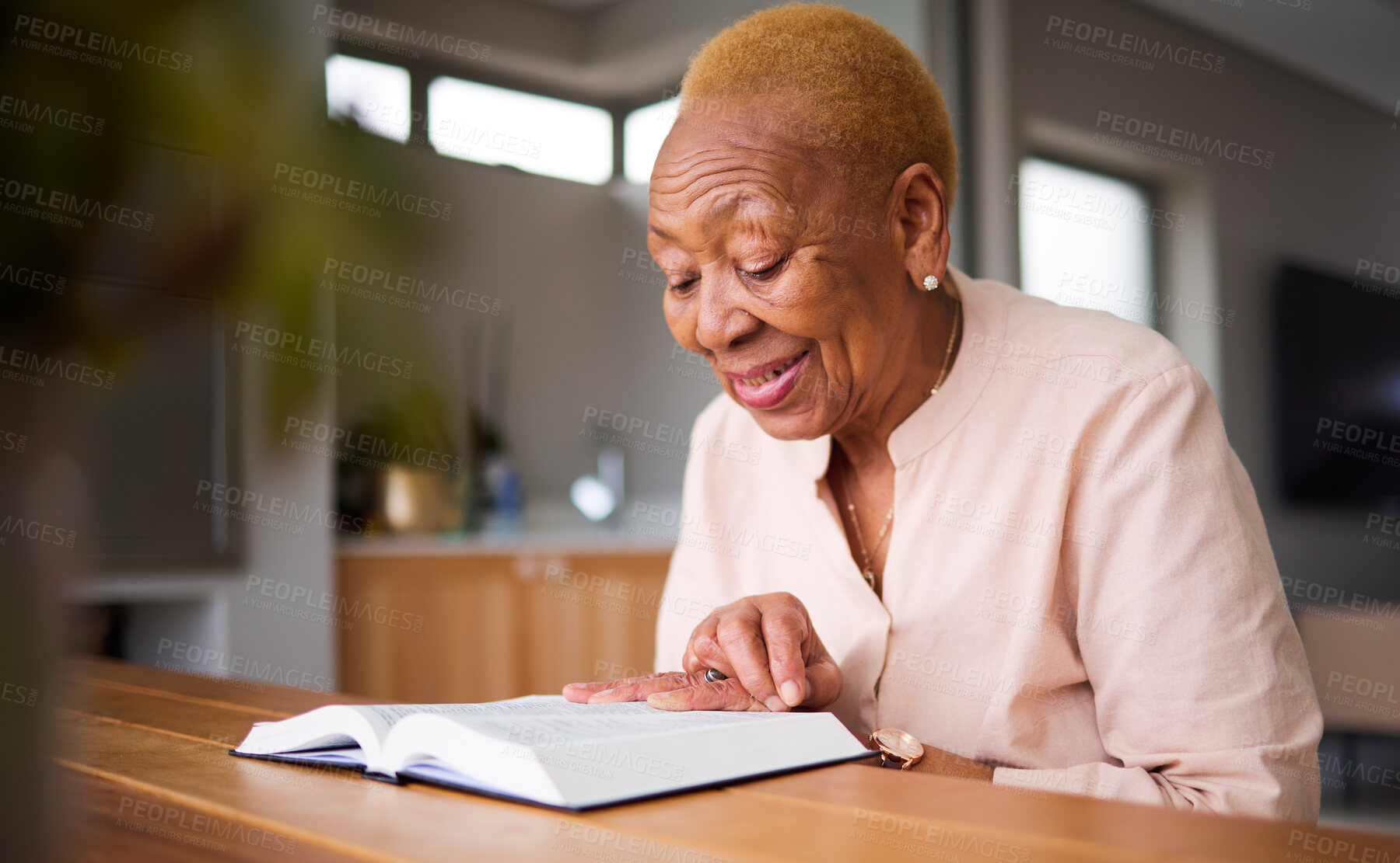 Buy stock photo Home, spiritual and old woman reading a bible, faith and peace with religion, holy worship and calm. Scripture, elderly female person and senior lady with hope in Christianity, support and happiness