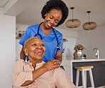 Black people, nurse and senior patient in elderly care, wheelchair and healthcare at home. Happy African female medical professional or caregiver helping old age person with a disability in the house