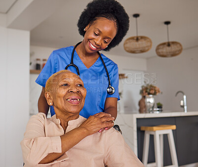 Buy stock photo Black people, nurse and senior patient in elderly care, wheelchair and healthcare at home. Happy African female medical professional or caregiver helping old age person with a disability in the house