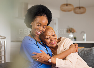 Buy stock photo Black people, hug and nurse in elderly care for support, trust or healthcare in old age home. Happy African female person, caregiver or medical professional with senior patient in retirement on sofa