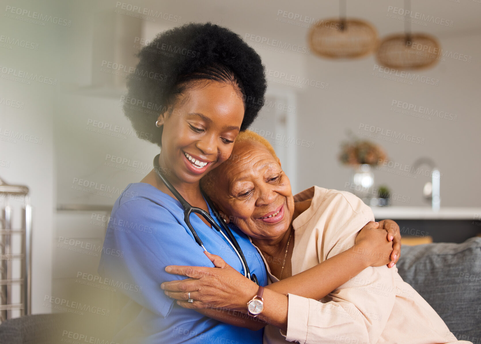 Buy stock photo Black people, hug and nurse in elderly care for support, trust or healthcare in old age home. Happy African female person, caregiver or medical professional with senior patient in retirement on sofa