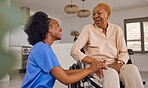 Black people, nurse and senior patient in wheelchair, elderly care and healthcare at home. Happy African female medical professional or caregiver helping old age person with a disability in the house