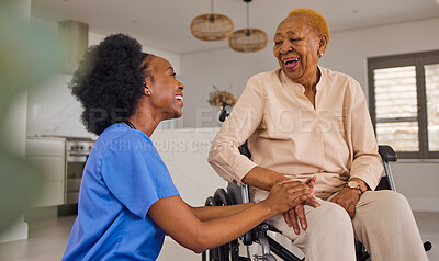 Buy stock photo Black people, nurse and senior holding hands in wheelchair, elderly care and healthcare at home. Happy African female medical caregiver helping old age person with a disability or patient in house