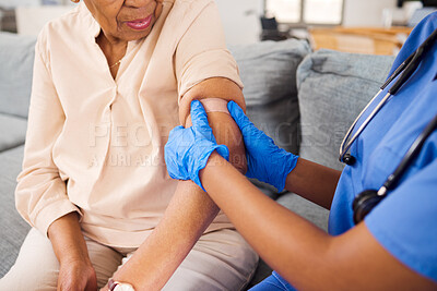 Buy stock photo Senior woman, nurse and plaster for arm vaccine, medical and healthcare treatment for virus safety, flu and wellness. Patient, elderly person or doctor hands with injection bandage in retirement home