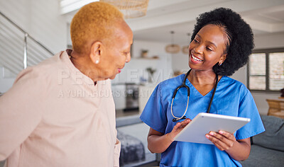 Buy stock photo Tablet, senior black woman and nurse in home for healthcare, support and help. Caregiver, technology and happy elderly person in consultation with doctor for wellness, nursing and medical service