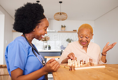 Buy stock photo Nurse playing chess with a mature woman after a healthcare consultation in nursing rehabilitation center. Board game, conversation and female caregiver bonding with elderly patient in retirement home
