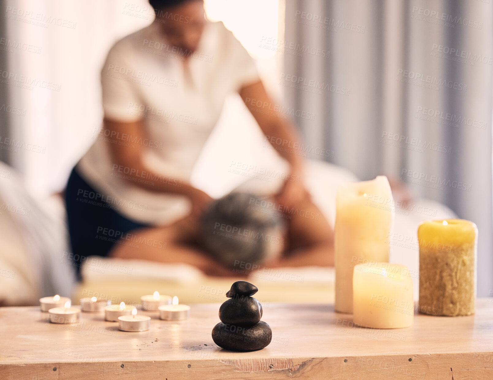 Buy stock photo Massage candles, beauty spa aroma or woman at physiotherapy salon for wellness, spiritual service and body healing. Stress relief, aromatherapy flame or relax person with peace, calm or masseuse help