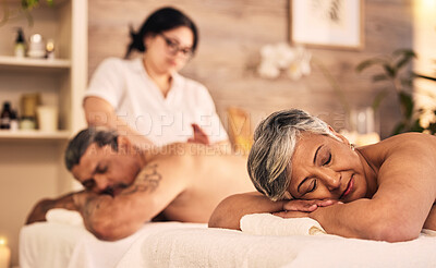 Buy stock photo Relax, senior and a couple at the massage salon together for peace, wellness or bonding. Luxury, beauty or body care with an old woman and man in a spa for physical therapy or treatment at a resort