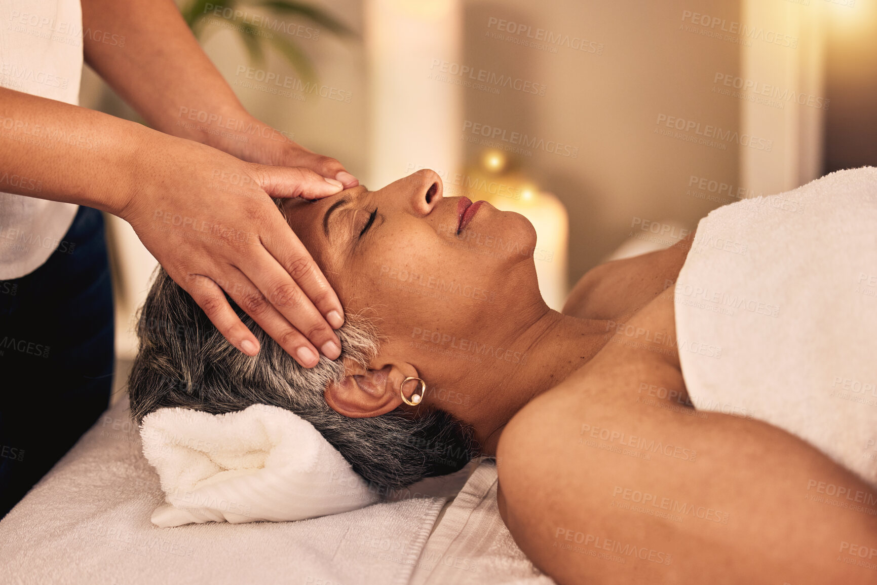 Buy stock photo Woman, head massage and spa for beauty, skincare detox and healing zen therapy at cosmetic salon. Face, calm and mature female client relax for wellness, reiki and facial acupressure with beautician