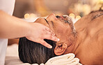 Man, facial and head massage at spa for break, skincare therapy and holistic healing at cosmetics salon. Face, peace or calm mature male client relax for zen wellness, acupressure and scalp treatment