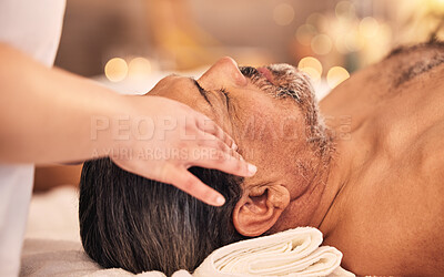 Buy stock photo Man, facial and head massage at spa for break, skincare therapy and holistic healing at cosmetics salon. Face, peace or calm mature male client relax for zen wellness, acupressure and scalp treatment