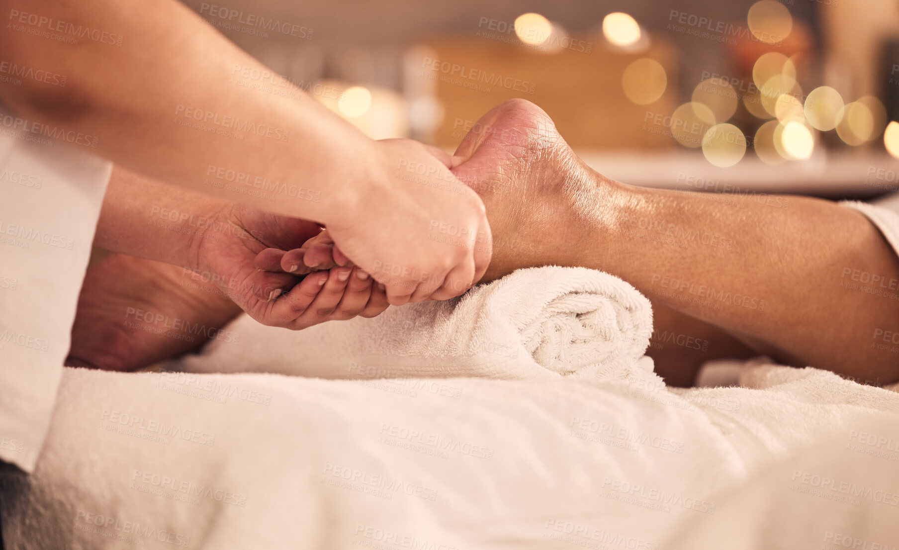 Buy stock photo Pedicure, foot therapist and massage at spa for acupressure treatment, wellness therapy and self care. Closeup of client feet at beauty salon for muscle reflexology, circulation or skincare service
