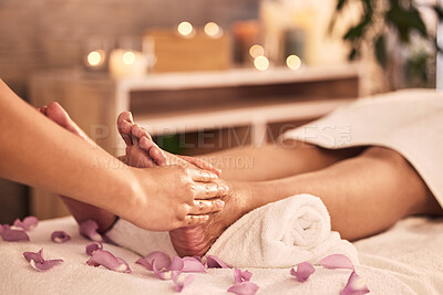 Buy stock photo Reflexology, foot and hands massage at spa for acupressure treatment, zen wellness and circulation therapy. Closeup, feet and client at beauty salon for muscle detox, skincare and relax for pedicure