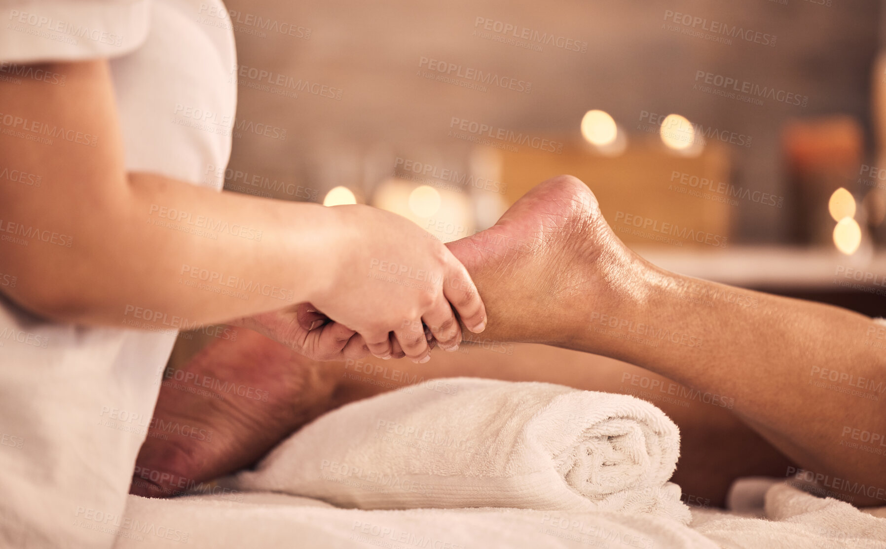 Buy stock photo Pedicure, foot and hands of massage therapist at spa for acupressure treatment, wellness and circulation therapy. Closeup of client feet at beauty salon for muscle reflexology, skincare and relax 