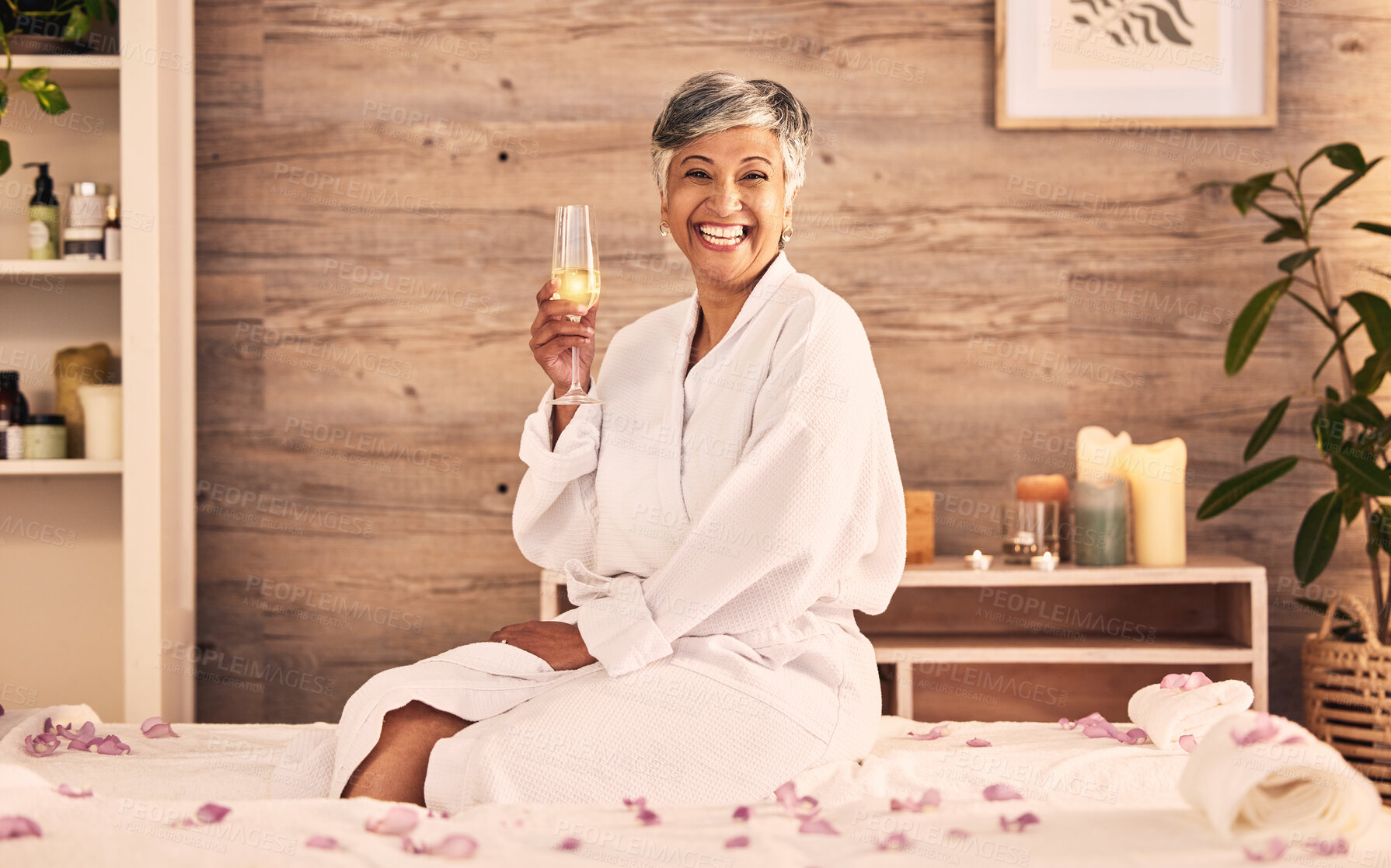 Buy stock photo Spa, champagne and happy woman in portrait for facial, massage and holiday celebration or self care. Excited, wine glass and senior person luxury, wellness and relax with hospitality service or hotel