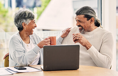 Buy stock photo Old couple, laptop and laughing with retirement and coffee, manage finance paperwork and funny together at home. People do taxes online, pension policy documents and budget, woman and man with comedy